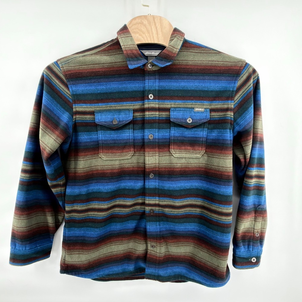 Eddie Bauer Fleece Button Down Mens Large Multi Color Striped Outdoor Shirt